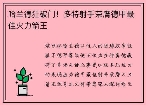 哈兰德狂破门！多特射手荣膺德甲最佳火力箭王