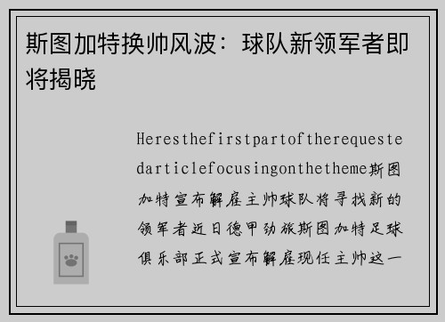斯图加特换帅风波：球队新领军者即将揭晓