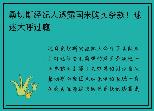 桑切斯经纪人透露国米购买条款！球迷大呼过瘾
