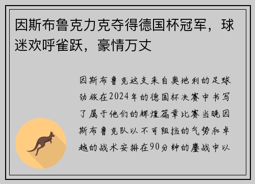 因斯布鲁克力克夺得德国杯冠军，球迷欢呼雀跃，豪情万丈