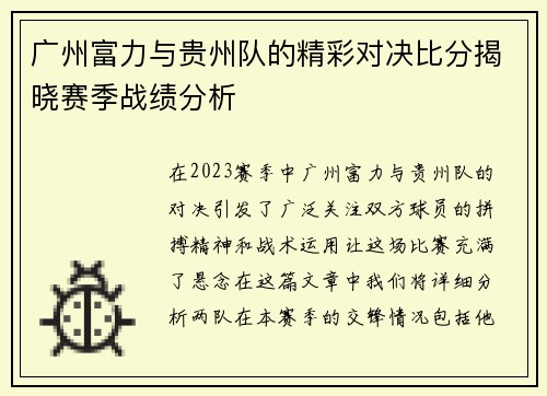 广州富力与贵州队的精彩对决比分揭晓赛季战绩分析