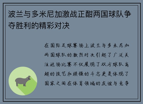 波兰与多米尼加激战正酣两国球队争夺胜利的精彩对决