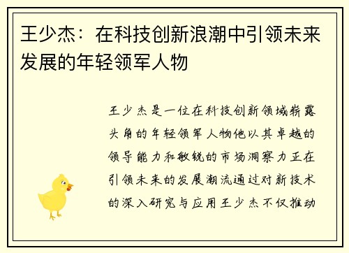 王少杰：在科技创新浪潮中引领未来发展的年轻领军人物