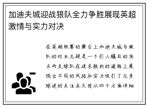 加迪夫城迎战狼队全力争胜展现英超激情与实力对决